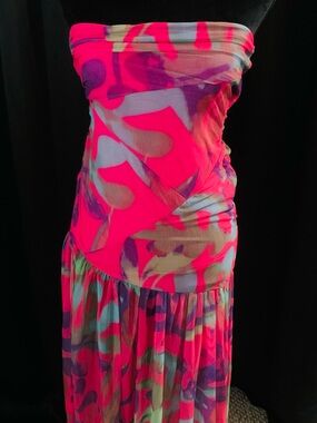 Vibrant Neon Pink Abstract Strapless Maxi Dress